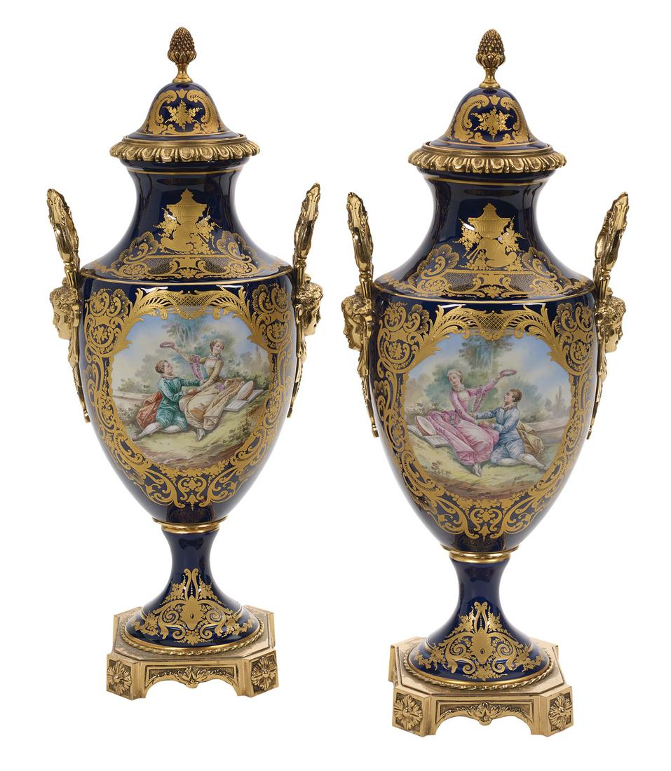 Pair of Sevres-Style Bronze-Mounted Urns (1 of 3)