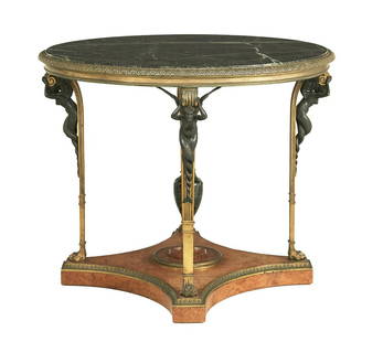 French Bronze-Mounted Marble-Top Center Table: Fine French Bronze and Patinated Bronze-Mounted Burr Amboyna Wood and Marble-Top Center Table ca. 1900, possibly by Theodore Millet or Zwiener Jansen Successeur, after a design by Adam Weisweiler and