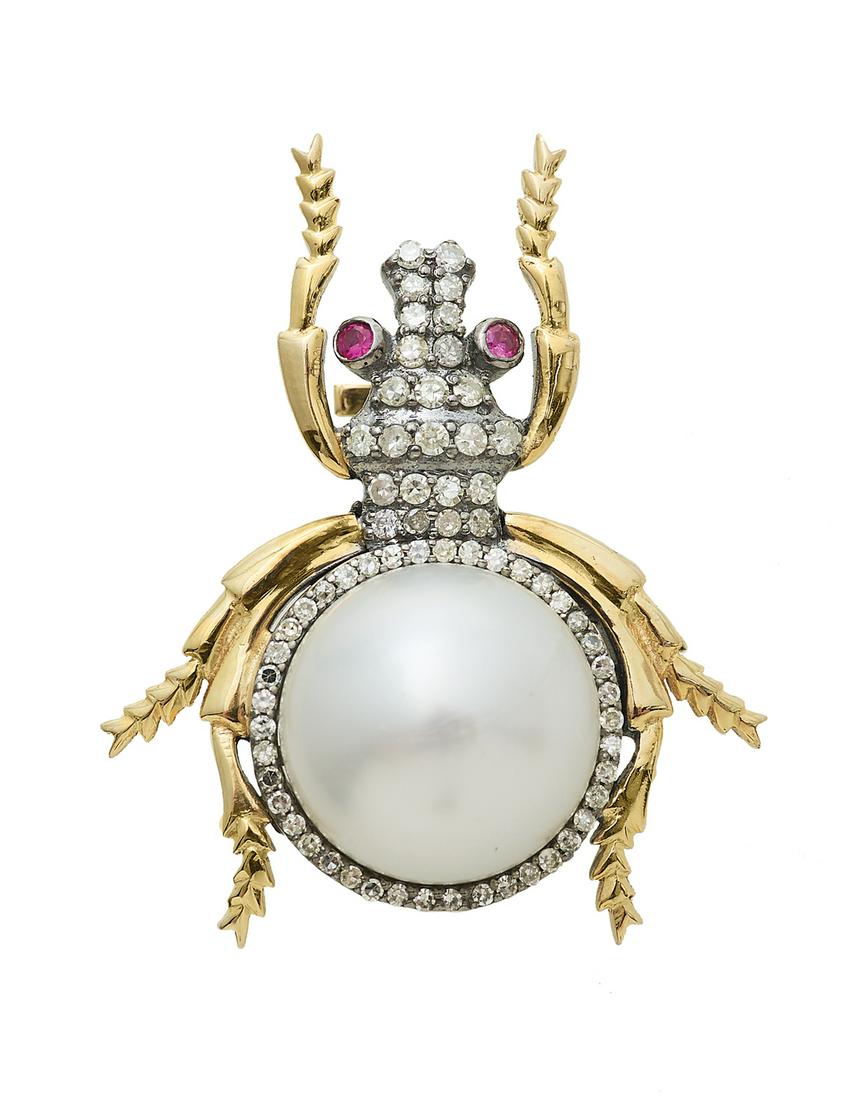 Mabe Pearl and Diamond "Beetle" Ring (1 of 2)