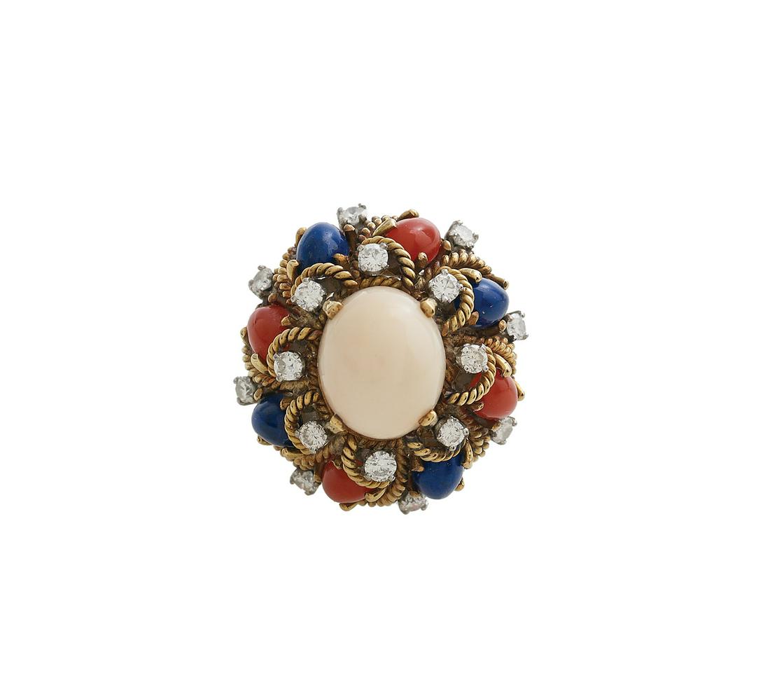 Coral, Lapis and Diamond Ring (1 of 1)