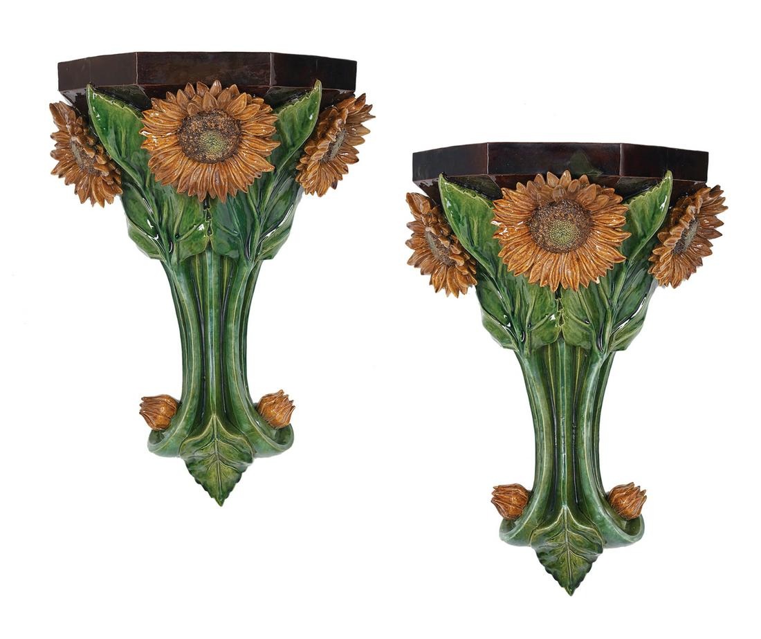 Pair of Portuguese Majolica Sunflower Brackets (1 of 3)