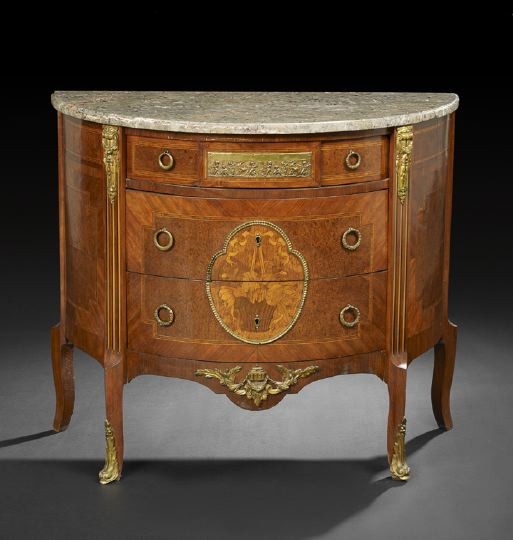 Louis XVI-Style Marble-Top Commode: Louis XVI-Style Kingwood, Burlwood and Marble-Top Commode, early 20th century, the demi-lune Byzantine marble top above a conforming case fitted with a frieze, centered by an ormolu plaque of cavortin