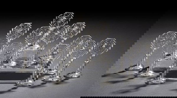 Twelve Chinese Export Silver Menu Holders: Set of Twelve Chinese Export Silver Menu or Place Card Holders, first half 20th century, each with shop mark idiogram "Tai Ching", in the form of an octagonal spider web, the spider forming the clip,