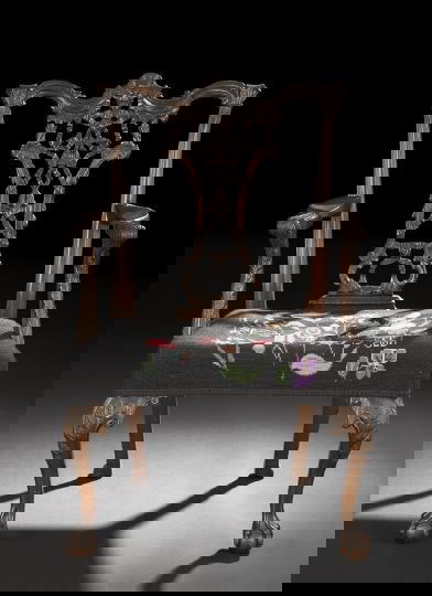 George III-Style Mahogany Armchair: George III-Style Mahogany Armchair, late 19th century, in the style of Thomas Chippendale, the shaped and earred crest above an elaborately carved and pierced "ribband" splat, joined to the padded sea