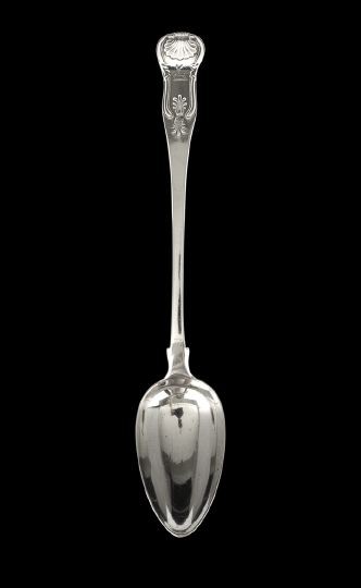 George IV Scottish Sterling Silver Stuffing Spoon: George IV Scottish Sterling Silver Stuffing Spoon, hallmarked Edinburgh, 1826-1827, by William Scott Peat (1790-1866), in the traditional single-struck "King's" pattern, engraved with the Elcock crest