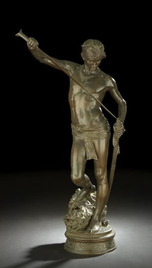 Marius-Jean-Antonin Mercie (French, 1845-1916): Marius-Jean-Antonin Mercie (French, 1845-1916) "David Standing on the Severed Head of Goliath", a large patinated bronze figure group, marked "F. Barbedienne Fondeur" with A. Collas stamp, h. 36", w. 