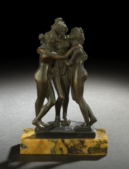 Grand Tour Bronze Group of "The Three Graces": "Grand Tour" Patinated Bronze Group of "The Three Graces", after Antonio Canova (Italian, 1757-1882), of small size, presented on an oblong Brocatelle de Sienna marble base, h. 6-1/4", w. 3-7/8".