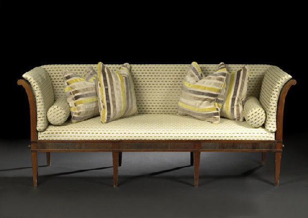 Good Danish Mahogany Settee: Good Danish Mahogany Settee, fourth quarter 18th century, in the Directoire style, of box form, the padded back joined to the like seat by out-swept slatted arms fitted with removable cushions, raised