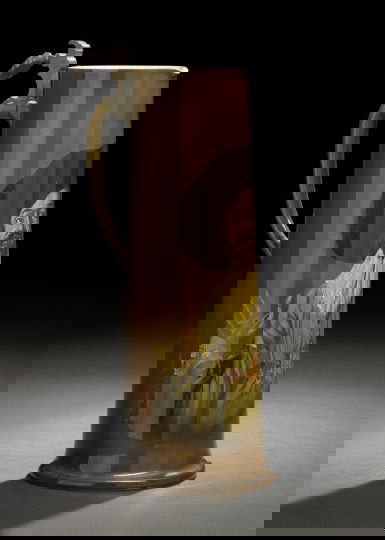 Magnum Villeroy & Boch Pewter-Mounted Stein: Magnum Villeroy and Boch Standard-Glazed Pewter-Mounted Stein, first quarter 20th century, centered with the portrait of a smiling toper in the manner of Frans Hals (Dutch, 1580-1666), the base fully