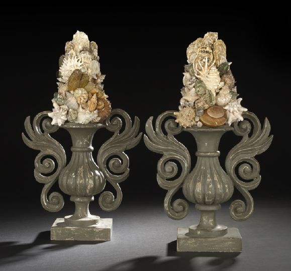 Large Pair of Italian Two-Handled Garniture Vases: Large Pair of Italian Two-Handled Garniture Vases, composed of carved, ribbed and bronze-painted wood, each vase filled with a bouquet of stacked seashells in the "Grotto" taste, h. 24-1/2".