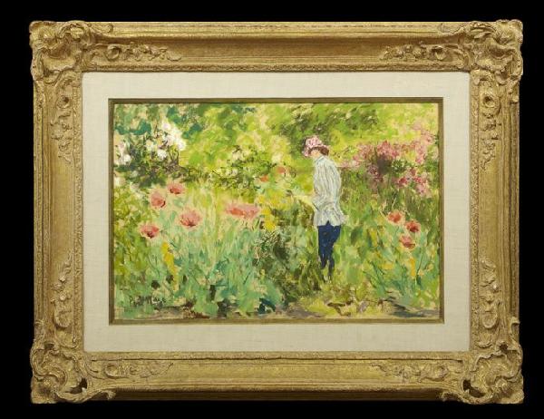 Paul Lucien Maze (French, 1887-1979): Paul Lucien Maze (French, 1887-1979) "Jessie Cutting Flowers", pastel on paper, signed lower left "Paul Maze", retains gallery label on the reverse "Acquavella Galleries, Inc., New York", sight 14-1/2
