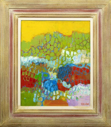 David Pryor Adickes (American, b. 1927): David Pryor Adickes (American, b. 1927) "Vibrant Hillside", oil on canvas, signed lower right "Adickes", retains gallery label on the reverse "DuBose Gallery, Houston, Texas", 20" x 16". Handsomely fr