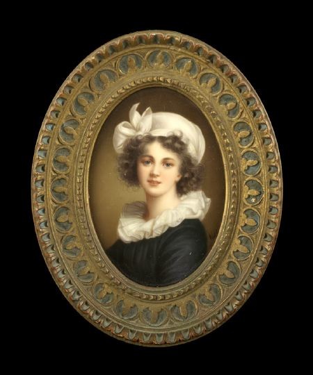 Aft. Vigee-LeBrun (French, 1755-1842): After Elizabeth Louise Vigee-LeBrun (French, 1755-1842) "Self Portrait", oil on porcelain, oval portrait miniature, signed lower right "Volk", porcelain with stamp "Swaine & Co., Huttensteinach 766", 