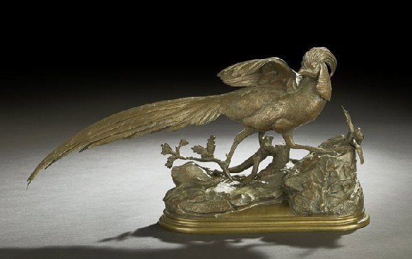 Jules Moigniez (French, 1835-1894): Jules Moigniez (French, 1835-1894) "Golden Pheasant", a large dark golden brown-patinated bronze group of a golden pheasant and a lizard on a crag, fourth quarter 19th century, signed on the base, bel
