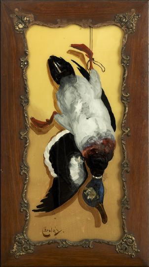 Clarence E. Braley (Massachusetts, 1854-1927): Clarence E. Braley (American/Massachusetts, 1854-1927), a reverse painting on glass of a mallard drake, with mother-of-pearl inlay to the neck, head and tail, signed lower left "C. Braley", overall h.