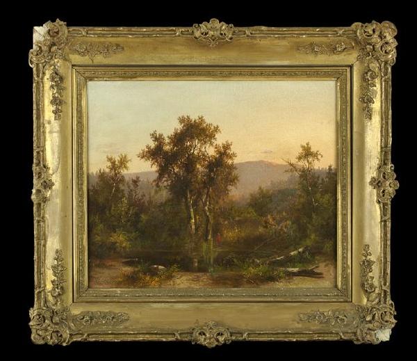 Hudson River School (19th Century): Hudson River School (19th Century) "Mountainous Landscape with Figure on the Riverbank", oil on canvas, unsigned, 20" x 24". Presented in a period molded giltwood frame with corner scrolling foliate a