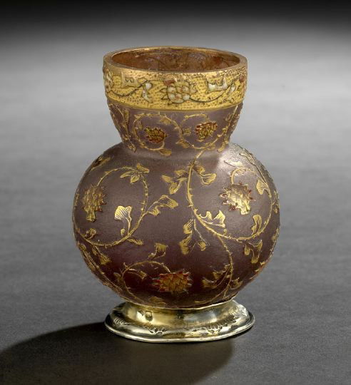 Fine Daum, Nancy, Glass Cabinet Vase: Fine Daum, Nancy, Glass Cabinet Vase, fourth quarter 19th century, the silver-gilt-mounted parcel-gilt and enameled amethyst glass vase in the "Islamic" taste, the base signed in gold script "Daum/ Cr