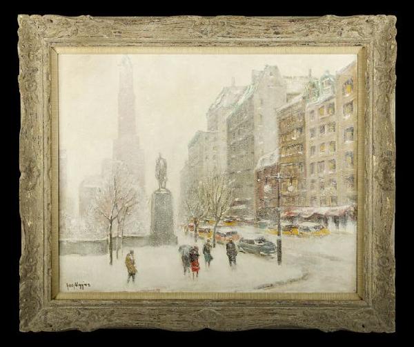 Guy Carleton Wiggins (New York, 1883-1962): Guy Carleton Wiggins (American/New York, 1883-1962) "Looking Towards the Plaza on 59th Street", oil on canvas, signed lower left "Guy Wiggins", titled and signed on canvas verso "Looking Towards the P
