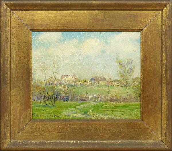 William Posey Silva (American/Georgia, 1859-1948): William Posey Silva (American/Georgia, 1859-1948) "Rural Country Landscape with a Wooden Fence", oil on canvas board, signed lower left "William P. Silva", 8" x 10". Presented in a wide giltwood frame