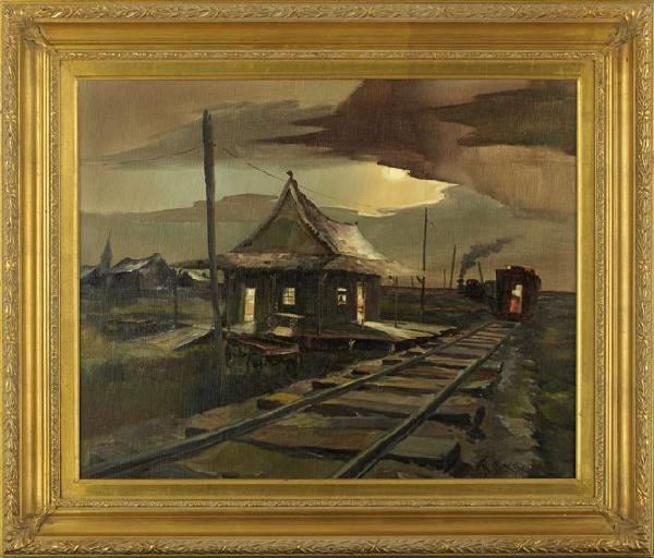 Robert M. Rucker (American/Louisiana, 1932-2000): Robert M. Rucker (American/Louisiana, 1932-2000) "Moonlit View of a Train Approaching a Rural Town Depot", oil on canvas, signed lower right "R. Rucker", 24" x 30". Presented in a contemporary giltwoo