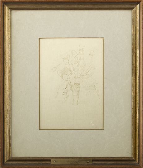 Robert Henri (American, 1865-1929): Robert Henri (American, 1865-1929) "Still Life with Vase of Flowers", ink on paper, paper is embossed with artist's initials lower right, sight 7" x 4-3/4". Glazed, matted and framed.