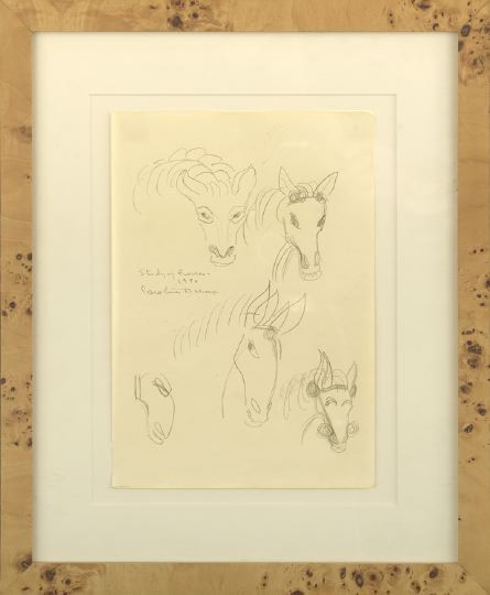Caroline S. W. Durieux (Louisiana, 1896-1989): Caroline Spellman Wogan Durieux (American/Louisiana, 1896-1989) "Study of Horses", 1970, graphite on paper, titled, dated and signed "Caroline Durieux" middle left, sheet 11" x 7-3/4". Glazed, handsom