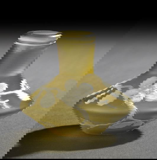 Diminutive English Cameo-Cut Glass Cabinet Vase: Diminutive English Cameo-Cut Glass Cabinet Vase, fourth quarter 19th century, attributed to Thomas Webb and Sons, Stourbridge, in white over satin-finished yellow/brown glass, h. 1-3/4", dia. 2".