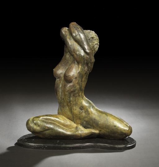 Olivia Guzman (Mexican/Contemporary): Olivia Guzman (Mexican/Contemporary) "Desesperanza", a large patinated bronze figure of a nude female dancer, the figure depicted seated, her proper right leg tucked and her arms crossed over her head