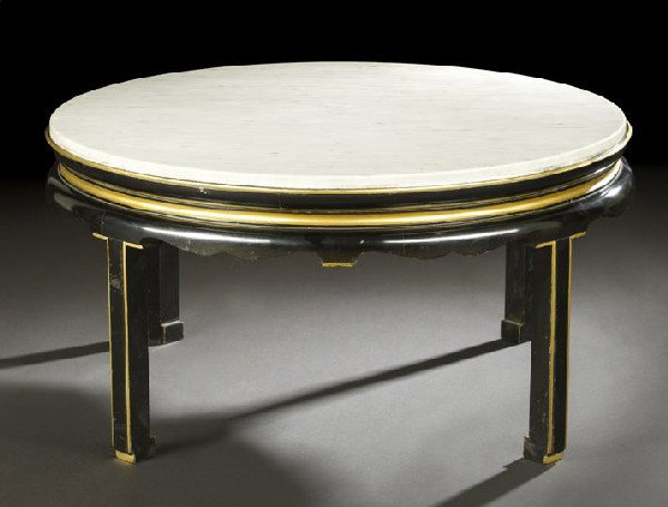 Ebonized, Gilded and Marble-Top Cocktail Table: Ebonized, Gilded and Marble-Top Cocktail Table, in the style of James Mont (American, 1904-1978), the circular Carrara marble top above an ebonized stand of chinoiserie inspiration, raised on square l