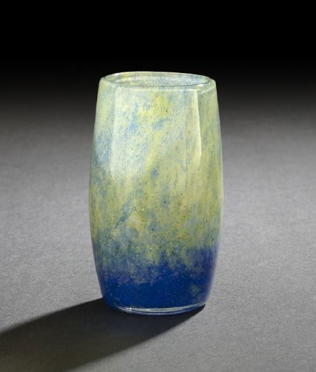 Diminutive Glass Cabinet Vase: Diminutive Glass Cabinet Vase, first quarter 20th century, attributed to the Daum glassworks, Nancy, in pale blue-spangled celadon shaded to sapphire glass, unsigned, h. 3-3/4", dia. 2".