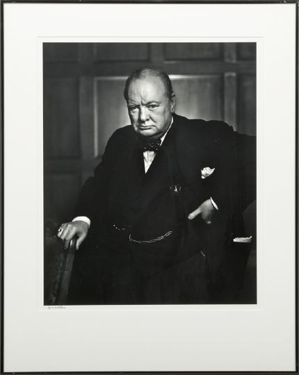 Yousuf Karsh (Canadian, 1908-2002): Yousuf Karsh (Canadian, 1908-2002) "Portrait of Sir Winston Churchill", 1941, gelatin silver print, signed in ink on the mount lower left, printed in the 1980's, 19-3/4" x 15-7/8". Glazed, matted and