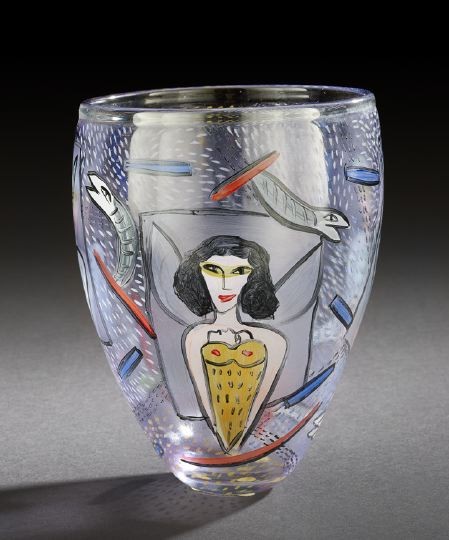 Ulrica Hydman-Vallien (Swedish, b. 1938): Ulrica Hydman-Vallien (Swedish, b. 1938), 1991 Kosta Boda Editions painted glass vase, of ovoid form, decorated with four masked women surrounded by various floating sea creatures, signed, dated and n