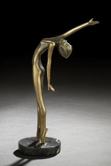 Tom Bennett (American, b. 1935): Tom Bennett (American, b. 1935), a patinated bronze figure of a nude dancer on point, one arm raised over her thrown-back head, presented on a polished Grand Antique marble disc base, signed on the pr
