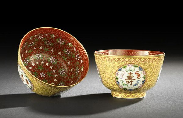 Elaborate Pair of Chinese Porcelain Deep Bowls: Elaborate Pair of Chinese Porcelain Deep Bowls, each decorated on the exterior with circular reserve panels containing an auspicious character surrounded by five bats and a border of ruyi heads, the p