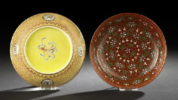 Elaborate Pair of Chinese Porcelain Saucer Dishes: Elaborate Pair of Chinese Porcelain Saucer Dishes, each decorated on the exterior with circular reserve panels containing an auspicious character surrounded by five bats and borders of ruyi beads, the