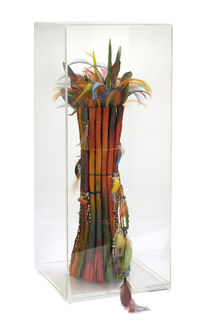 Diane Burchard (American, b. 1936): Diane Burchard (American, b. 1936) "Freeing the Spirit" assemblage of handmade paper, dyed feathers, old trade beads and glass beads presented in a custom plexiglass display box from the "Fetish" seri