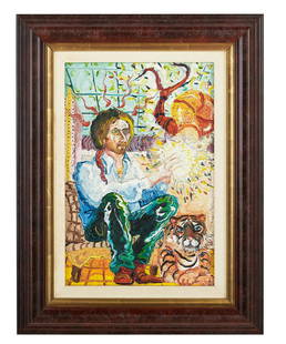 Peter Dean, (German/American, 1934-1993): Peter Dean (German/American, 1934-1993) "Studio Portrait with Shy Dragon and Tiger", 1973 oil on masonite signed lower left, signed, titled, dated and inscribed en verso. Framed. 14" x 9-1/2", framed