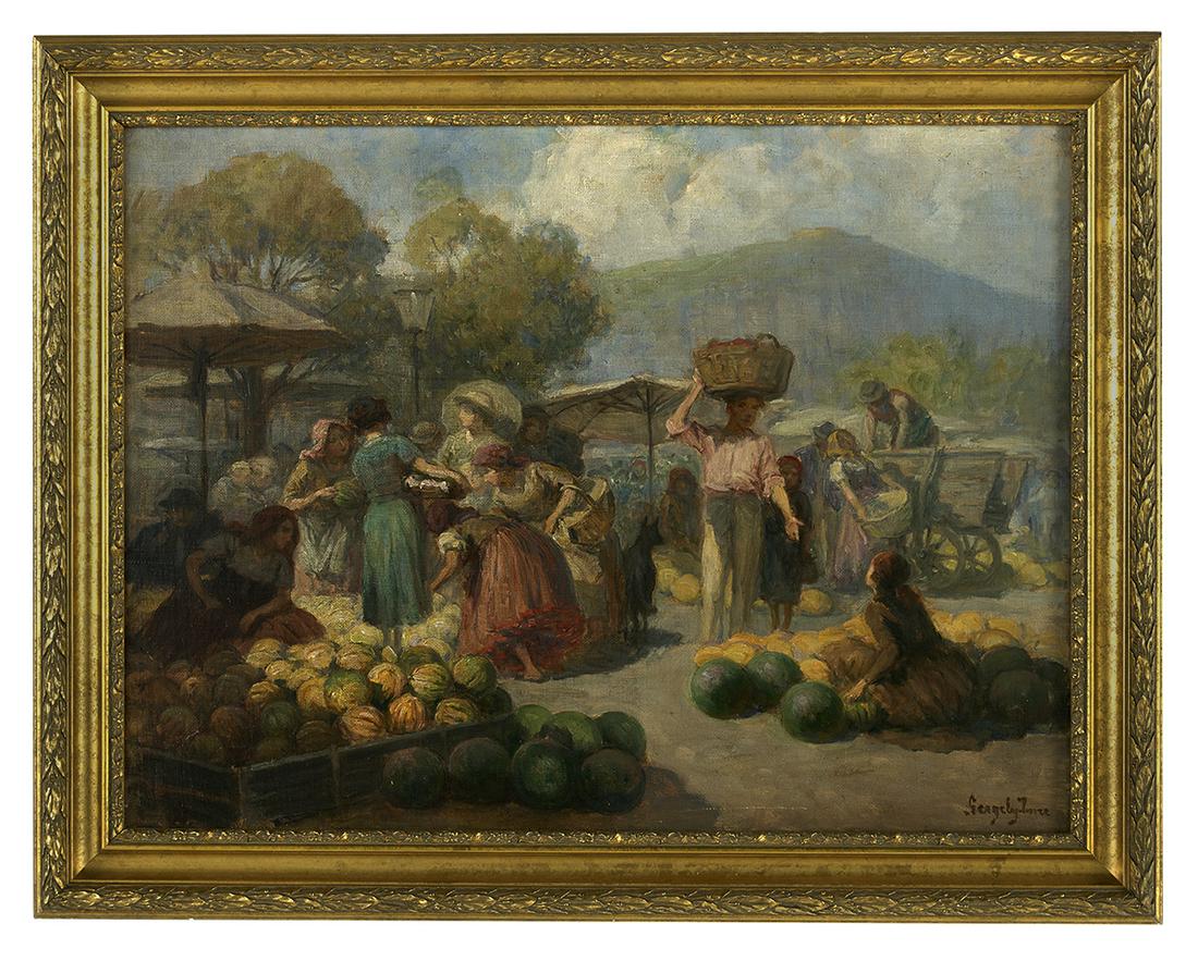 Imre Gergely (Hungarian, 1868-1914): Imre Gergely (Hungarian, 1868-1914) "Market Scene" oil on canvas backed by wood panel signed lower right. Framed. 23-1/2" x 31-1/2", framed 29" x 37"