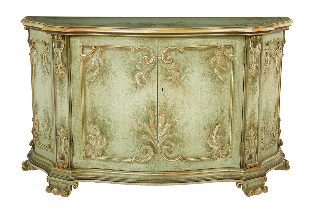 Italian Polychromed Serpentine-Form Credenza: Italian Polychromed Serpentine-Form Credenza the top with a molded overhanging edge, the front fitted with two conforming doors, raised on a molded base and supported by scrolled feet. h. 40", w. 67",