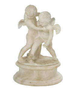 Italian Carved Alabaster of Frolicking Putti: Italian Carved Alabaster Group of Frolicking Putti 20th century, in the manner of Guglielmo Pugi (Italian, 1850-1915). h. 14-1/2", w. 9-1/2", d. 7"