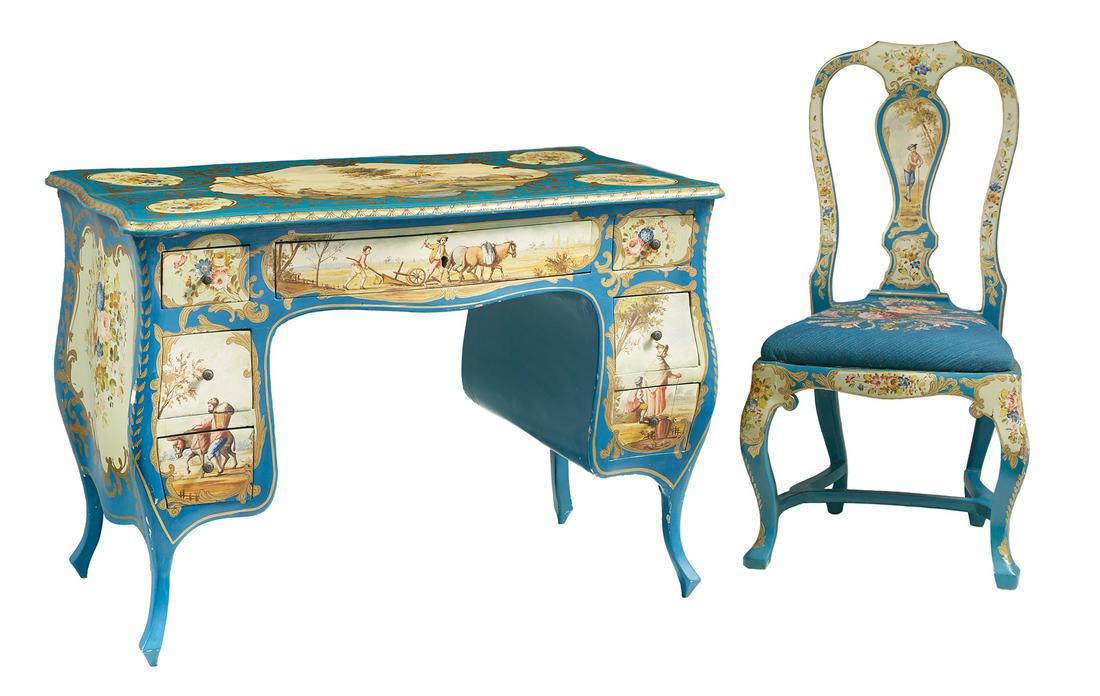 Venetian Rococo-Style Desk and Side Chair: Venetian Rococo-Style Polychromed Desk and Side Chair the desk with a serpentine top over a conforming case with a kneehole opening, and a center drawer flanked by a bank of three drawers, raised on c