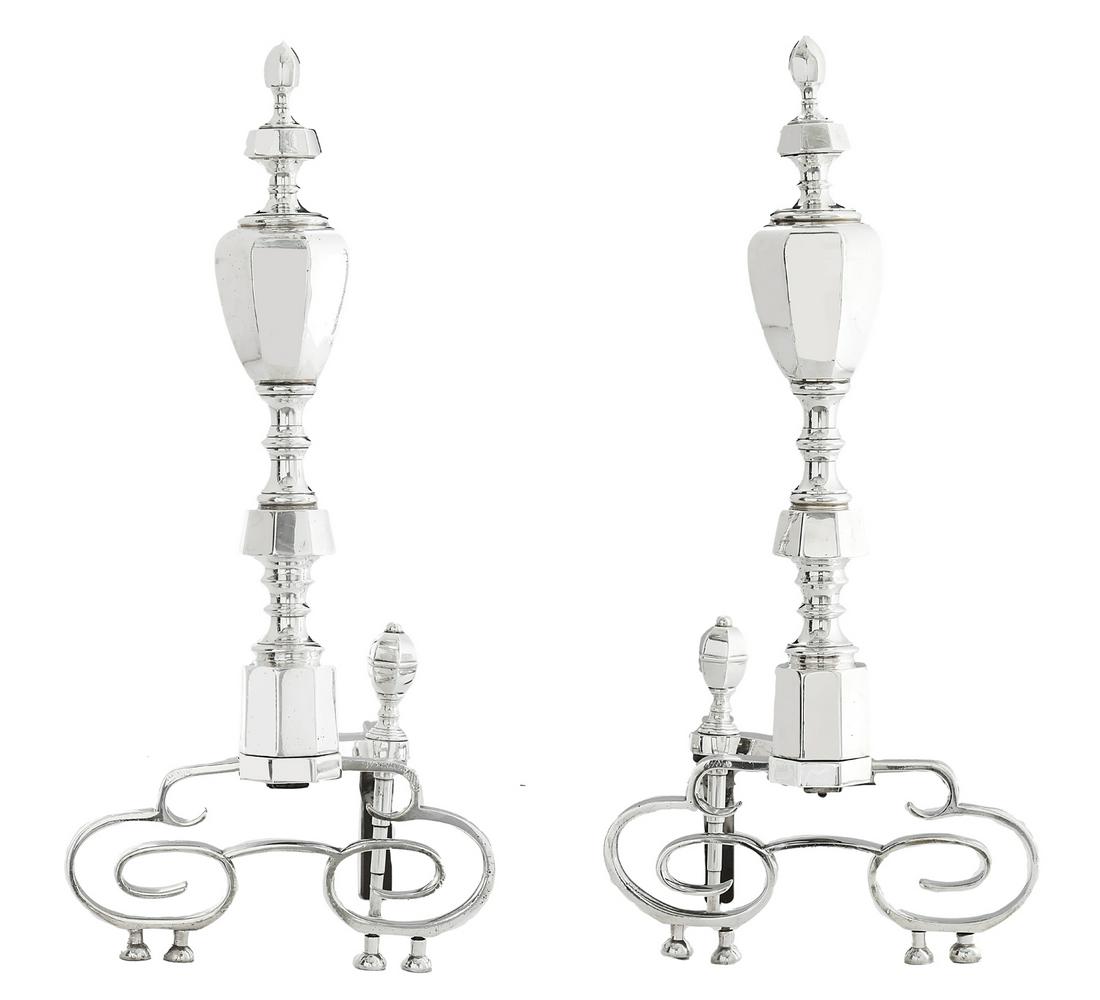 American Empire Revival Silvered Metal Andirons (1 of 1)
