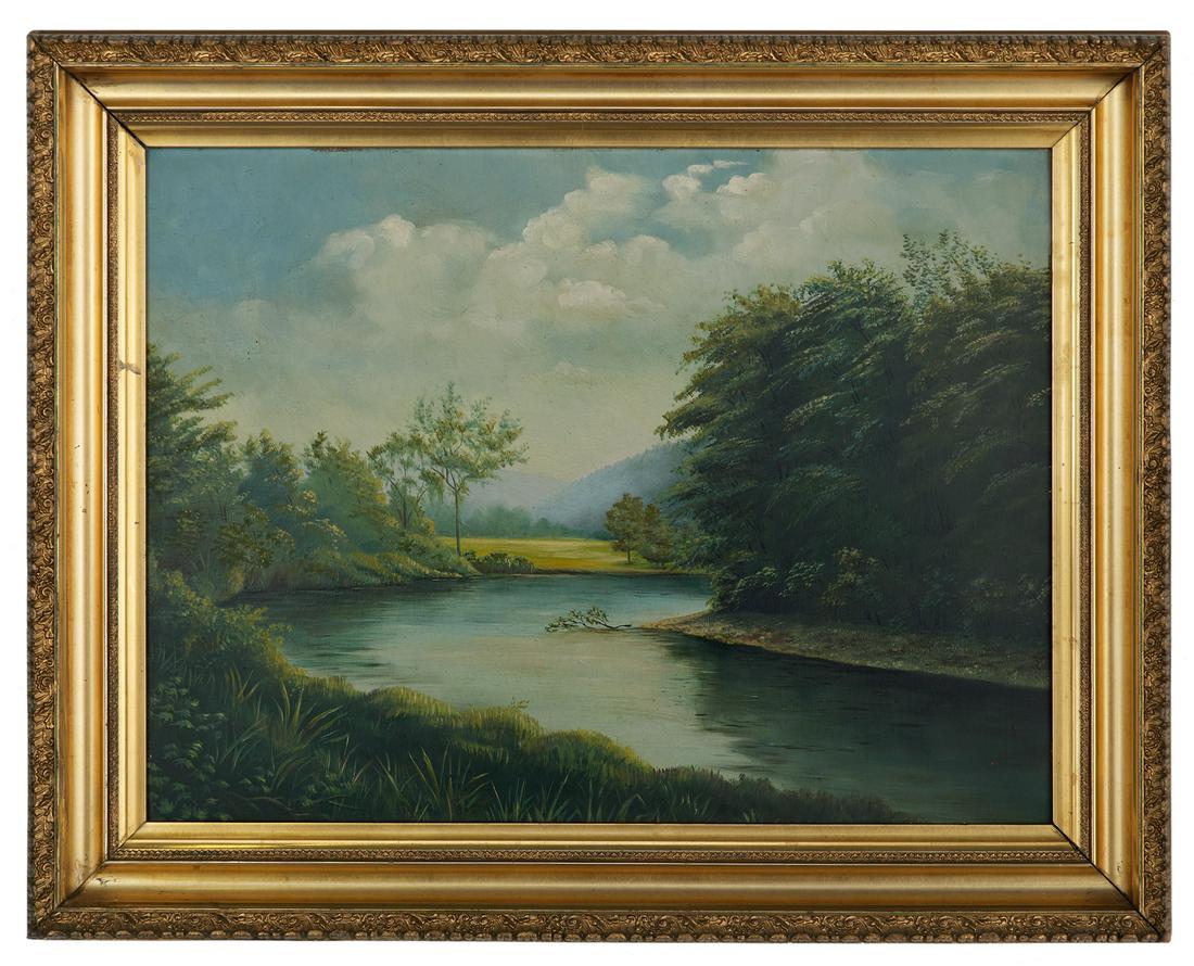 American School (Fourth Quarter 19th Century): American School (Fourth Quarter 19th Century) "River Landscape" oil on board unsigned. Framed. 17-1/2" x 24", framed 24" x 30"