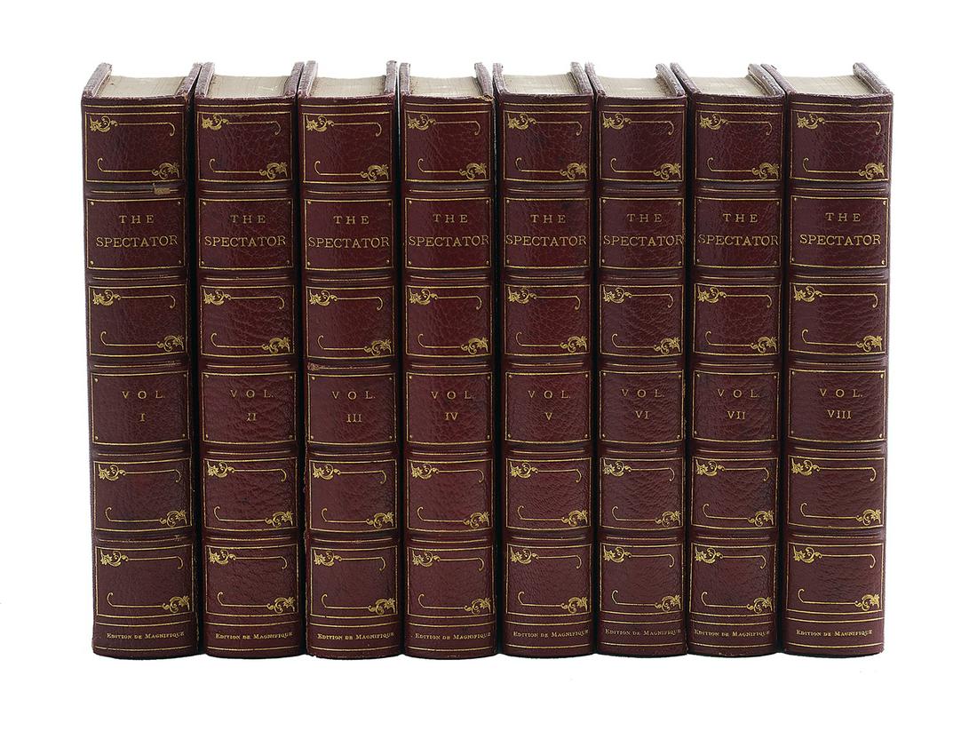Addison & Steele, The Spectator: Addison & Steele, The Spectator London: F. J. Quinby & Co., 1901, "Edition de Magnifique", number 1 of 10, complete in eight volumes, in full red morocco, the boards with gilt rinceau panel and fillet