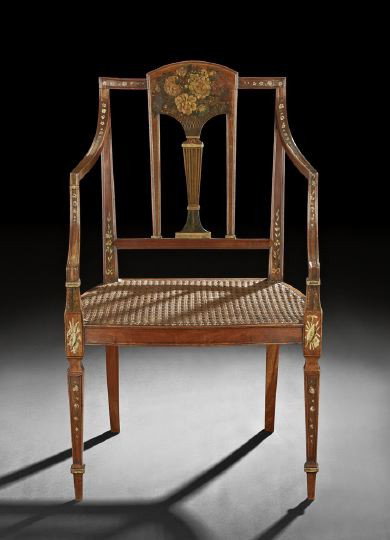 Edwardian Satinwood Armchair: Edwardian Satinwood Armchair, ca. 1900, the domed crest above a vasiform splat, painted in the manner of Angelica Kauffmann (Swiss, 1741-1807) to represent a vase of flowers, joined by high downswept 