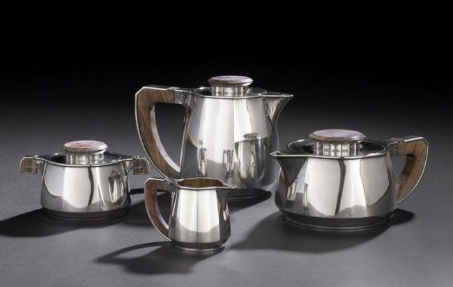Puiforcat Art Deco .950 Silver and Ebony Tea Set: Fine Jean-Emile Puiforcat (French, 1897-1945) Art Deco First Standard (.950) Silver and Macassar Ebony Coffee and Tea Set, second quarter 20th century, designed in 1925, Paris, including a coffeepot,