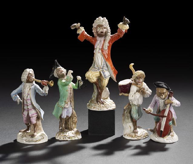 Five German Porcelain "Monkey Band" Figures: Collection of Five German Porcelain "Monkey Band" Figures, 19th-20th centuries, after the Meissen models by Peter Reineke (active at Meissen 1747-1766), comprised of a Meissen "Conductor", fourth quar