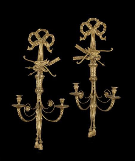 Pair of Edwardian Two-Light "Eagle" Sconces: Pair of Edwardian Two-Light "Eagle" Sconces, first quarter 20th century, composed of carved giltwood and plaster in the style of Robert Adam (1728-1792), draped with brass chains, not electrified, h.