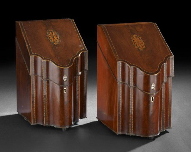 Pair of Edwardian Slant-Front Knife Boxes: Pair of Edwardian Mahogany and Marquetry Slant-Front Knife Boxes, first quarter 20th century, in the Georgian taste, the slant-front lids centered with yew and holly paterae and having inlaid garland 