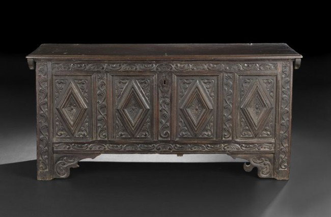 Continental Oak Coffer: Continental Carved Oak Coffer, 18th century, the hinged rectangular top opening to a void interior, the front with acanthine carving surrounding four diamond-carved panels, raised on block feet with d